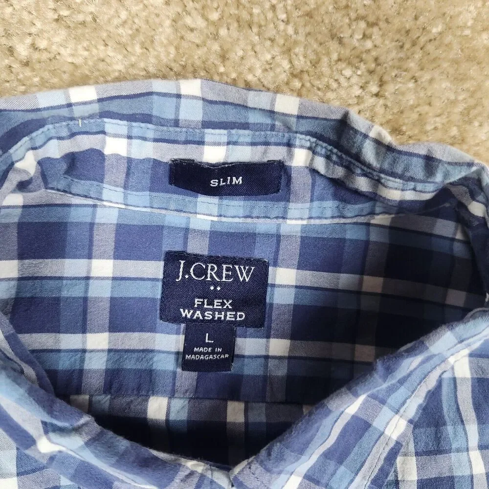 J Crew Shirt Mens L White Blue Plaid Check Flex Wash Button Up Slim A873